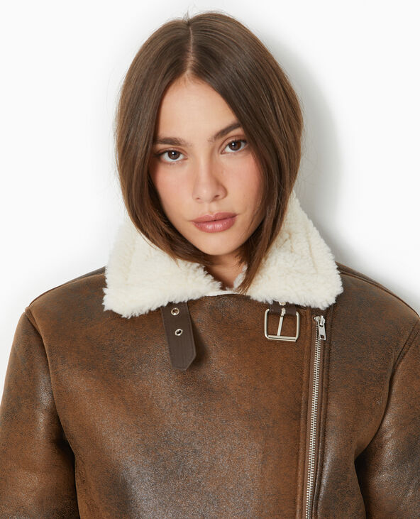 Blouson aviateur en simili cuir doublé de fourrure marron - Pimkie