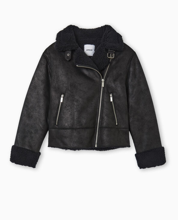 Blouson aviateur en simili cuir doublé de fourrure noir - Pimkie