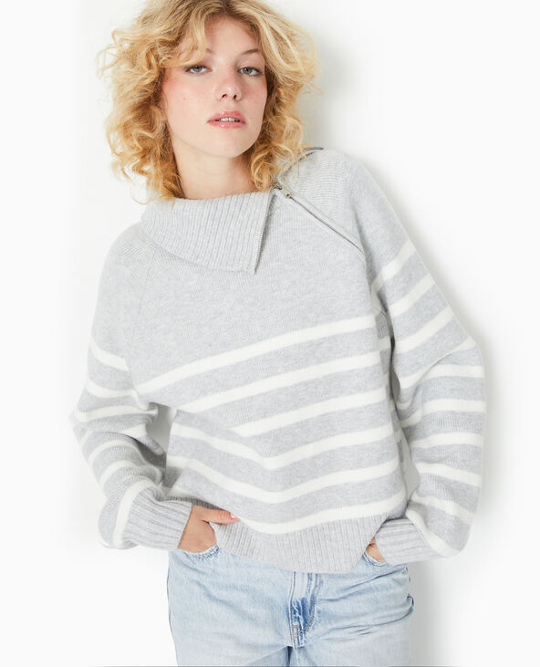 Pull rayé avec col camionneur asymétrique gris foncé - Pimkie