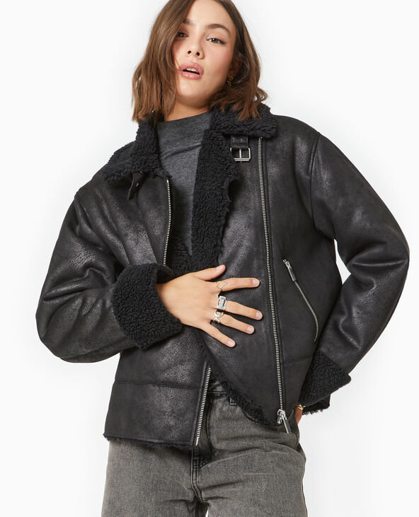 Blouson aviateur en simili cuir doublé de fourrure noir - Pimkie