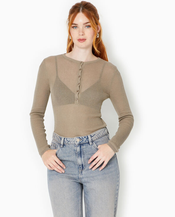 Pull maille transparente avec patte boutonnée gris chiné - Pimkie