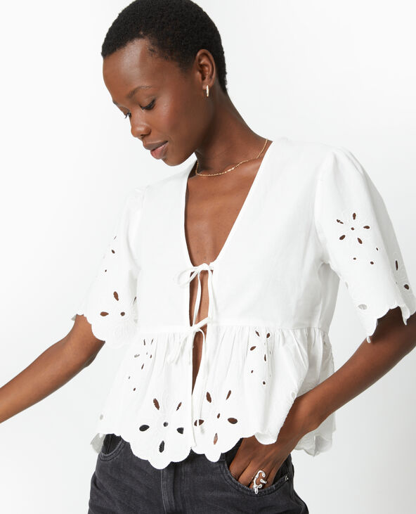 Blouse avec broderie anglaise et nouettes blanc - Pimkie