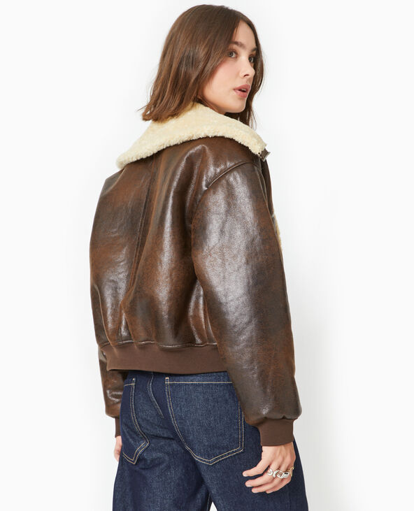 Blouson aviateur en simili cuir doublé de fourrure marron - Pimkie