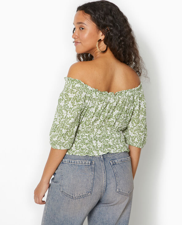 Top court encolure Bardot motif fleurs vert - Pimkie