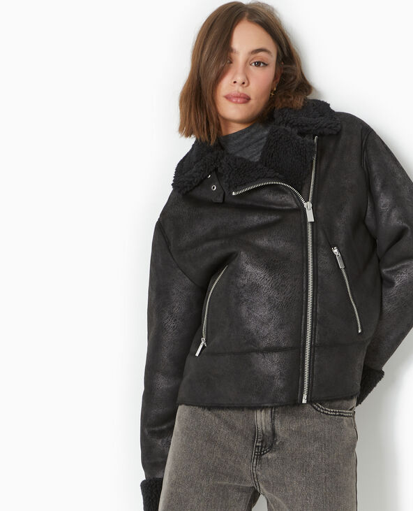 Blouson aviateur en simili cuir doublé de fourrure noir - Pimkie