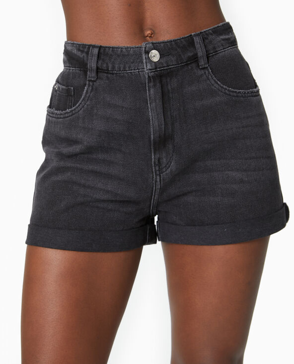 Short en jean loose taille haute bas roulottés noir - Pimkie