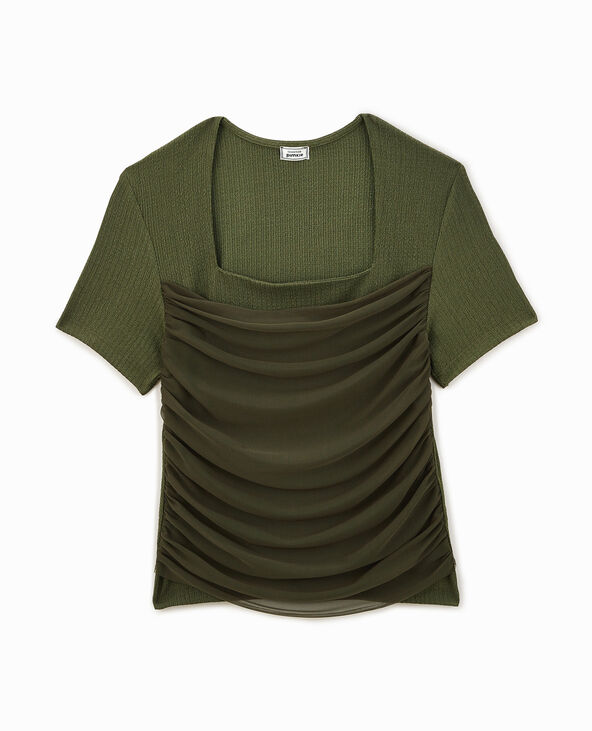 T-shirt col carré avec tulle drapé devant vert kaki - Pimkie