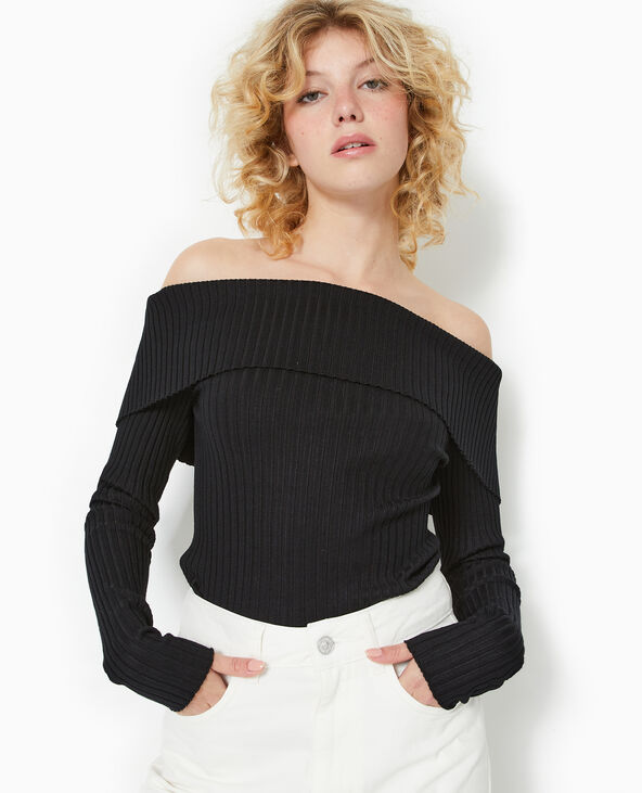 Pull maille côtelée encolure Bardot noir - Pimkie