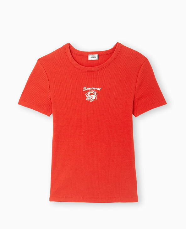 T-shirt en maille côtelée avec broderie rouge - Pimkie