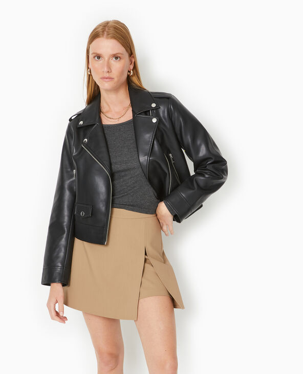 Blouson biker court en simili cuir noir - Pimkie