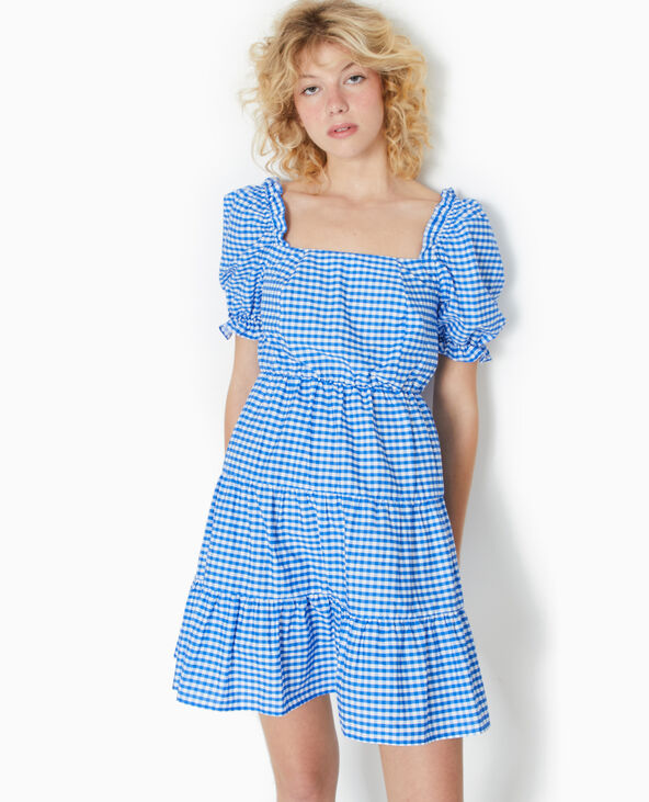 Robe courte avec manches ballons motif vichy bleu électrique - Pimkie