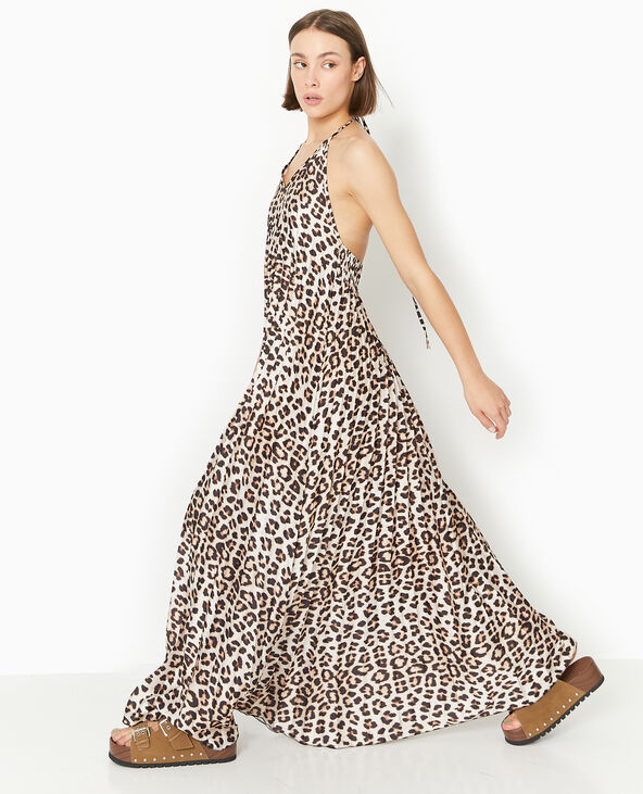 Robe dos-nu en tissu satiné plissé motif léopard marron - Pimkie
