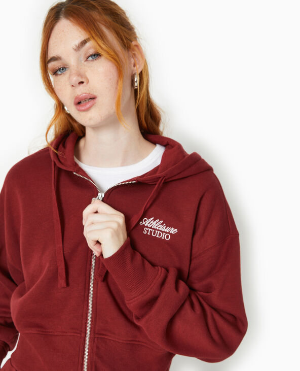 Sweat zippé avec capuche et broderie poitrine bordeaux - Pimkie