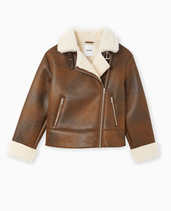 Blouson aviateur en simili cuir doublé de fourrure marron - Pimkie