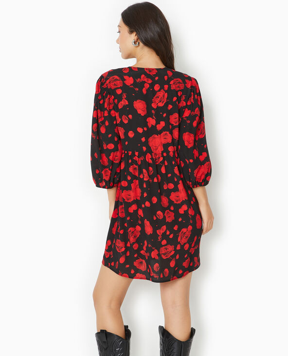 Robe courte avec nœuds motif roses noir - Pimkie