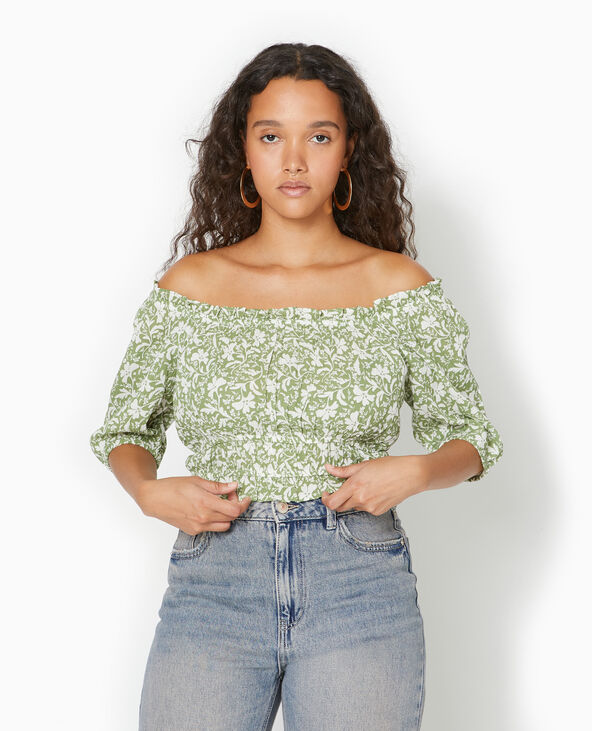 Top court encolure Bardot motif fleurs vert - Pimkie