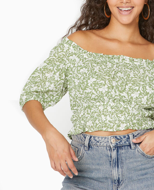 Top court encolure Bardot motif fleurs vert - Pimkie