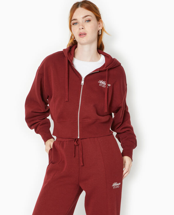 Sweat zippé avec capuche et broderie poitrine bordeaux - Pimkie