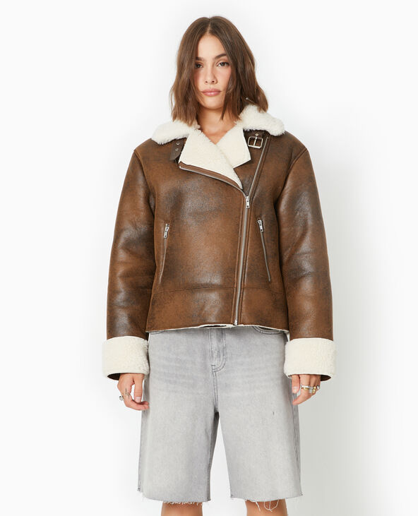 Blouson aviateur en simili cuir doublé de fourrure marron - Pimkie