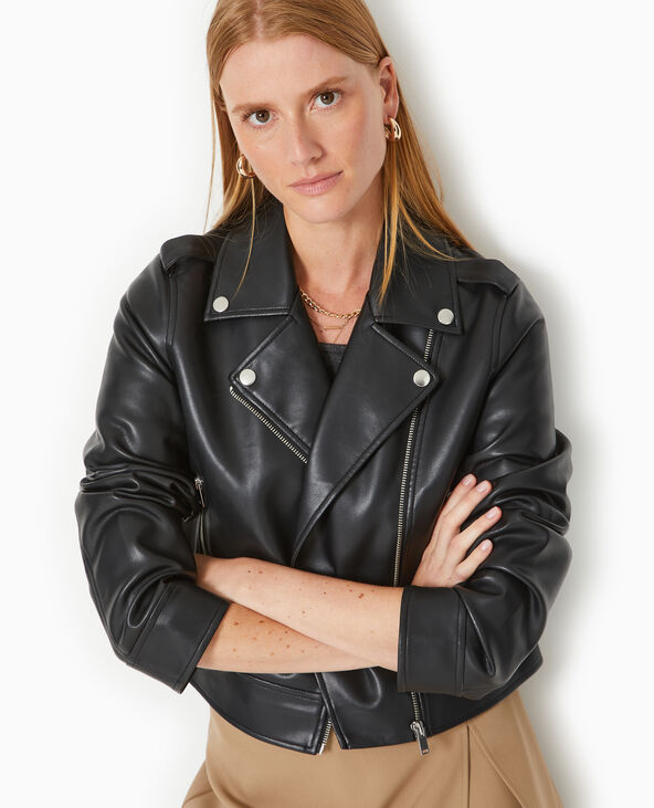 Blouson biker court en simili cuir noir - Pimkie