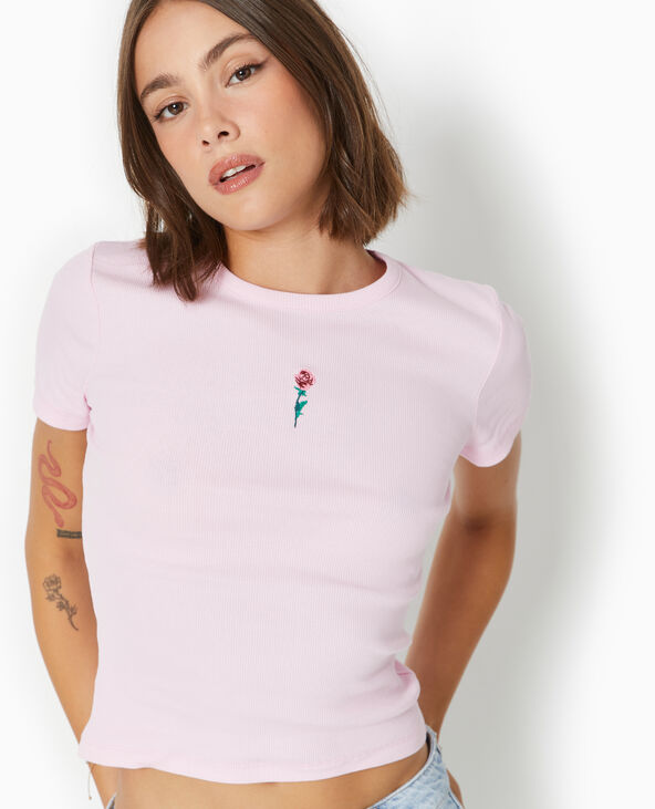 T-shirt en maille côtelée avec broderie Rose poudré - Pimkie