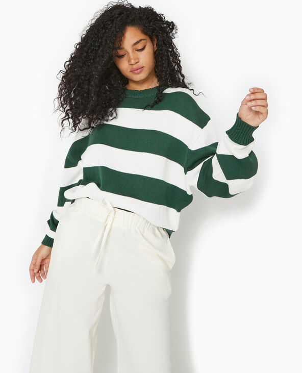 Pull col rond en maille rayée vert foncé - Pimkie