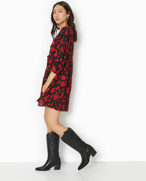 Robe courte avec nœuds motif roses noir - Pimkie