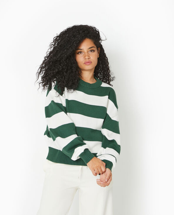 Pull col rond en maille rayée vert foncé - Pimkie