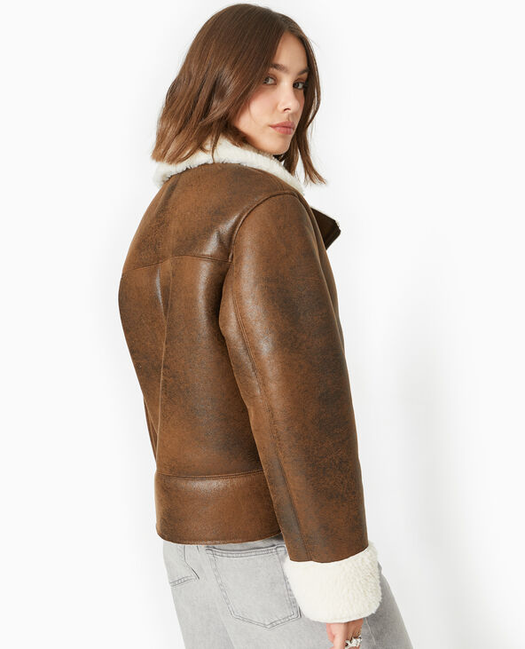 Blouson aviateur en simili cuir doublé de fourrure marron - Pimkie