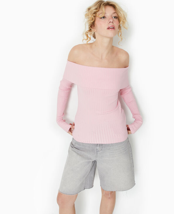 Pull maille côtelée encolure Bardot rose - Pimkie