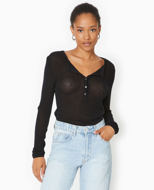 Pull maille transparente avec patte boutonnée noir - Pimkie