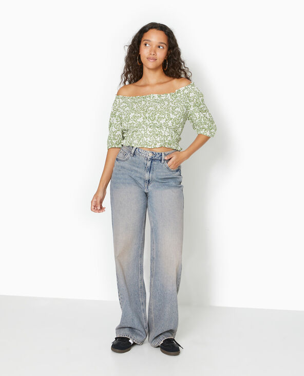 Top court encolure Bardot motif fleurs vert - Pimkie