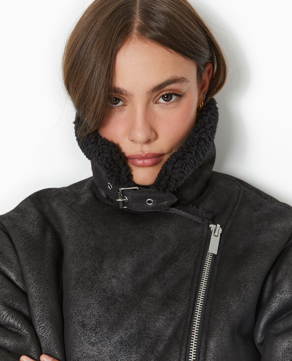 Blouson aviateur en simili cuir doublé de fourrure noir - Pimkie