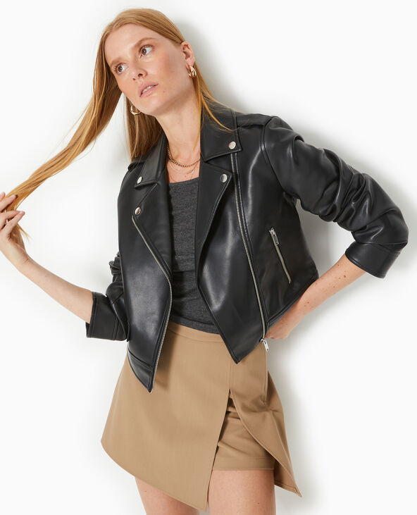 Blouson biker court en simili cuir noir - Pimkie