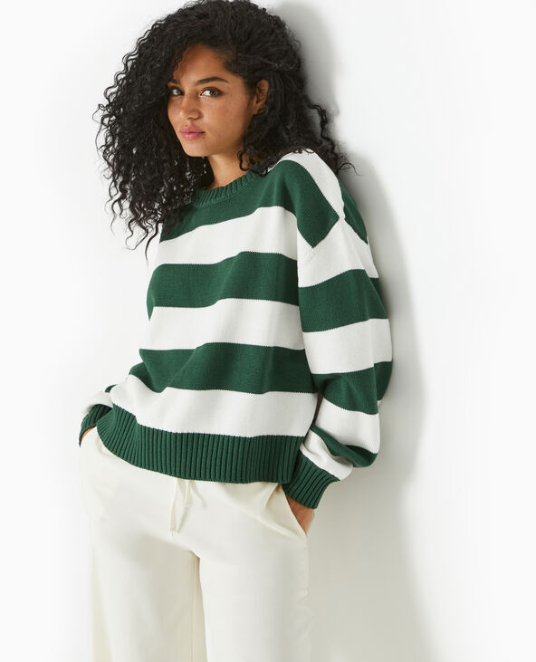 Pull col rond en maille rayée vert foncé - Pimkie