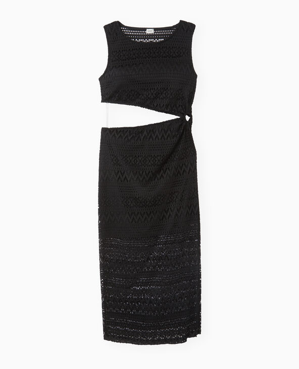 Robe longue asymétrique en maille façon dentelle noir - Pimkie