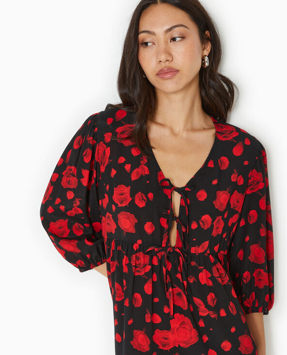 Robe courte avec nœuds motif roses noir - Pimkie