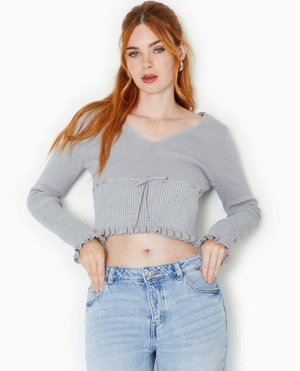 Pull fin col V avec lien coulissé gris chiné - Pimkie