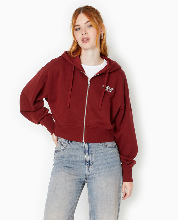 Sweat zippé avec capuche et broderie poitrine bordeaux - Pimkie