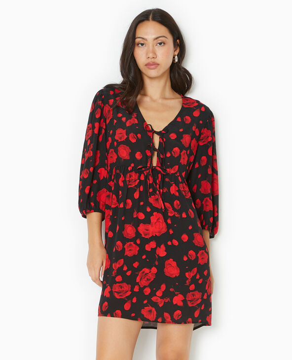 Robe courte avec nœuds motif roses noir - Pimkie