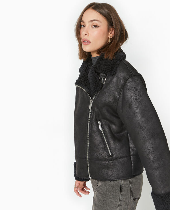 Blouson aviateur en simili cuir doublé de fourrure noir - Pimkie