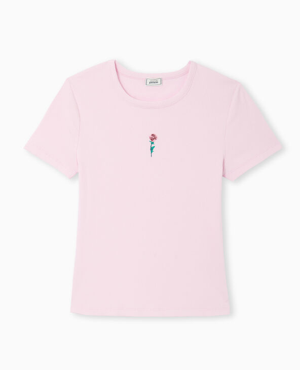 T-shirt en maille côtelée avec broderie Rose poudré - Pimkie