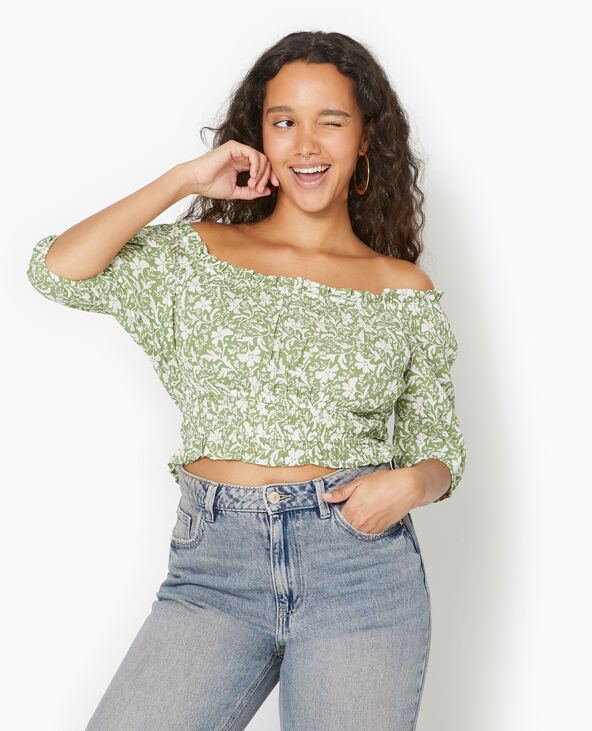 Top court encolure Bardot motif fleurs vert - Pimkie