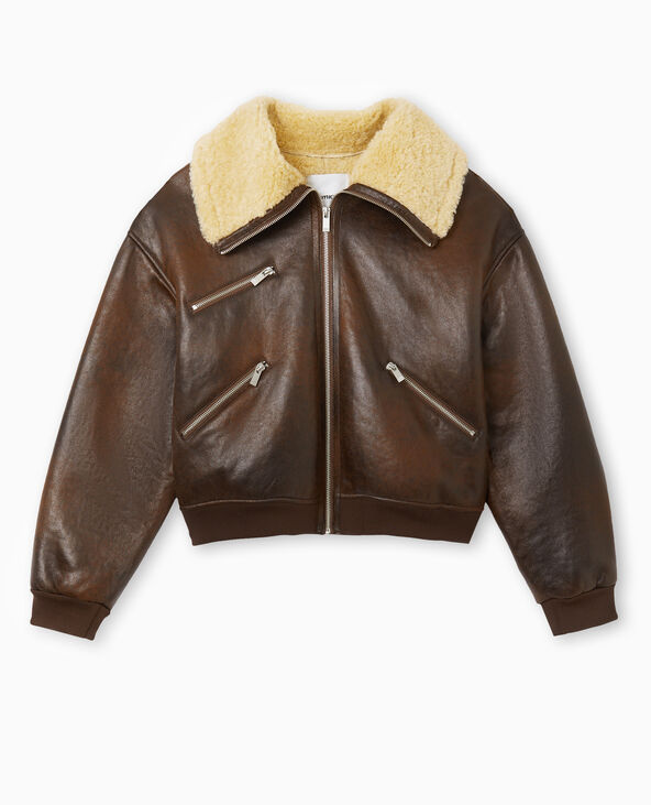 Blouson aviateur en simili cuir doublé de fourrure marron - Pimkie