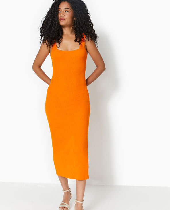 Robe longue à bretelles en maille côtelée orange - Pimkie