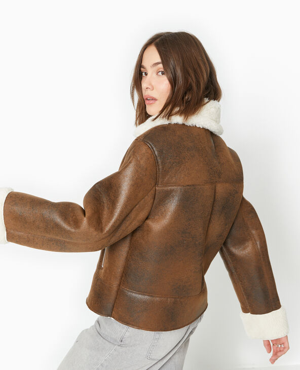 Blouson aviateur en simili cuir doublé de fourrure marron - Pimkie