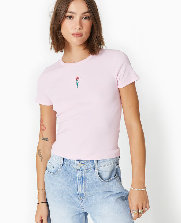 T-shirt en maille côtelée avec broderie Rose poudré - Pimkie