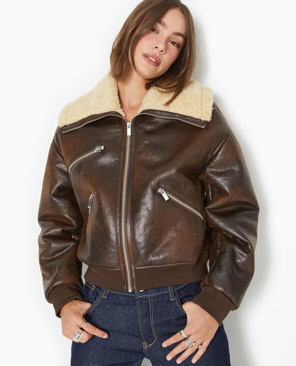 Blouson aviateur en simili cuir doublé de fourrure marron - Pimkie