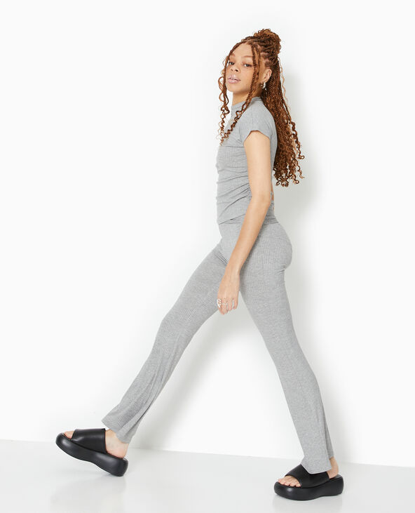 Pantalon flare en maille côtelée gris chiné - Pimkie