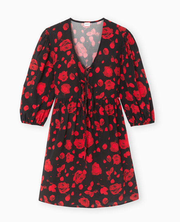 Robe courte avec nœuds motif roses noir - Pimkie